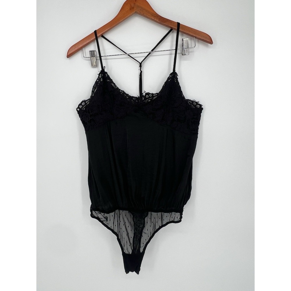 Free People Intimately sz SP Black Lace Trim Dot Mesh Teddy Bodysuit